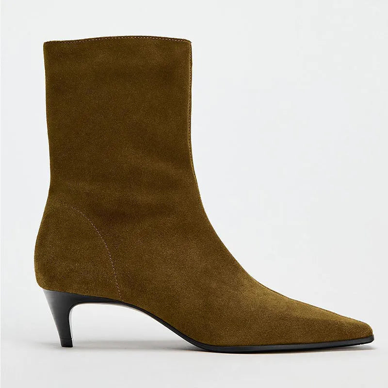 Brown women's square toe ankle boots with a side zipper and a mid kitten heel on a white background.