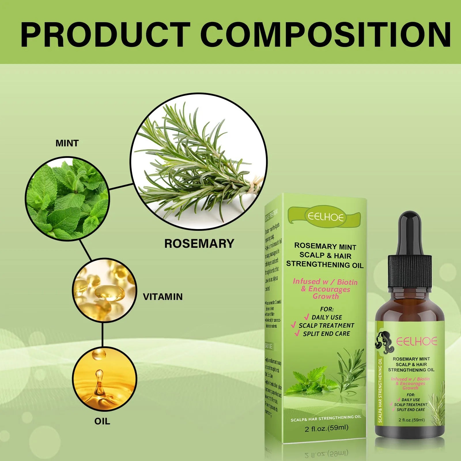 59ml bottle of Rosemary Mint Hair Growth Fluid for scalp massage and hair care