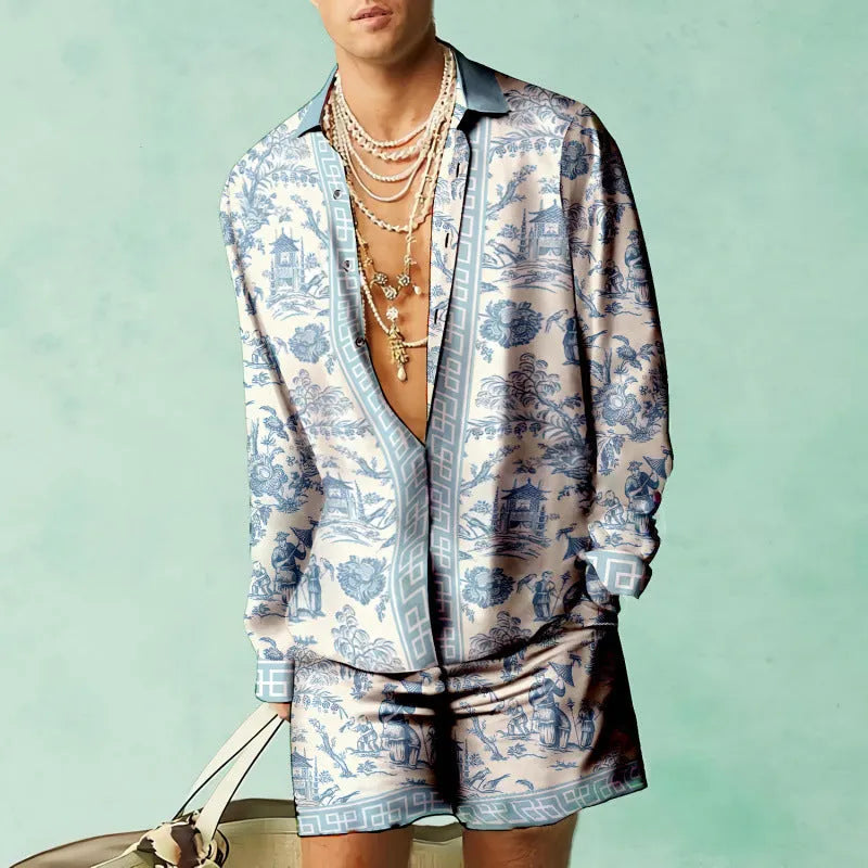Men's blue polyester summer casual suit set featuring a long-sleeve shirt and matching shorts on a hanger.