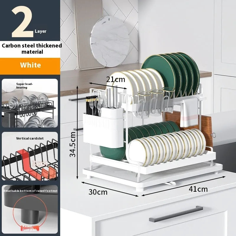 White double-layer steel wire storage rack with removable draining section