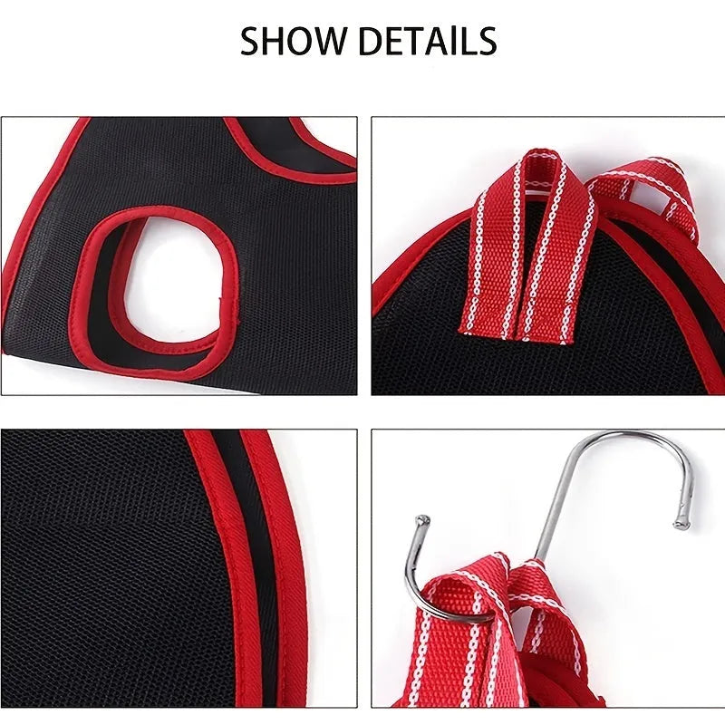 Hanging mesh pet grooming restraint bag for cat and dog nail trimming and bath time.