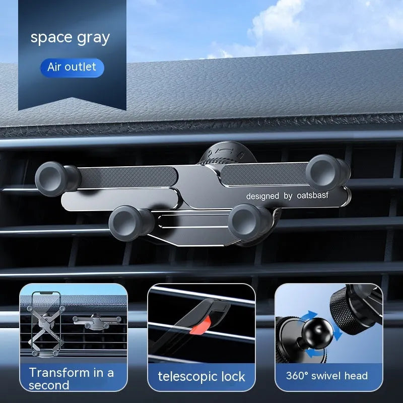 Aluminium alloy snap-on car phone holder shown in black, mounted on a car air vent.