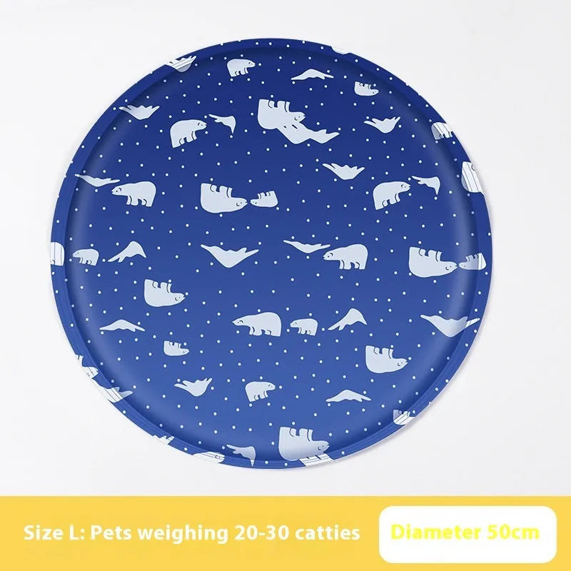Round cartoon-design pet cooling mat for dogs on a floor, showing beige and blue colour options.