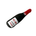 Plush wine bottle shaped dog toy in assorted colours including green, orange, red, black, coffee and white