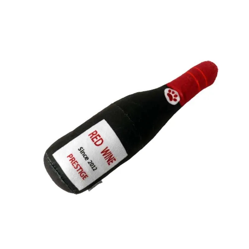 Plush wine bottle shaped dog toy in assorted colours including green, orange, red, black, coffee and white