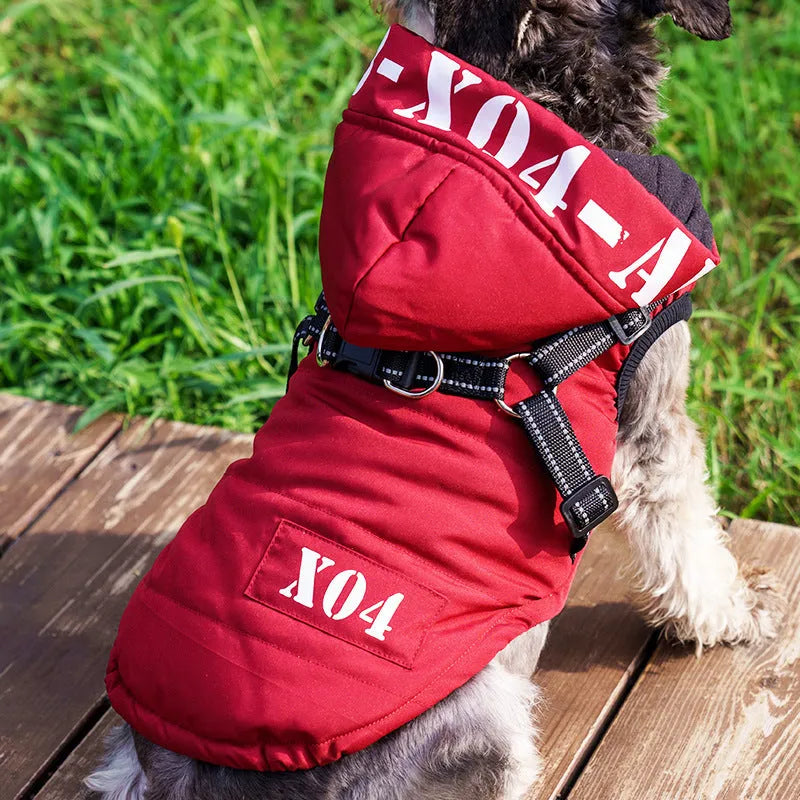 Fleece-lined waterproof dog winter jacket with hood in red colour on small dog
