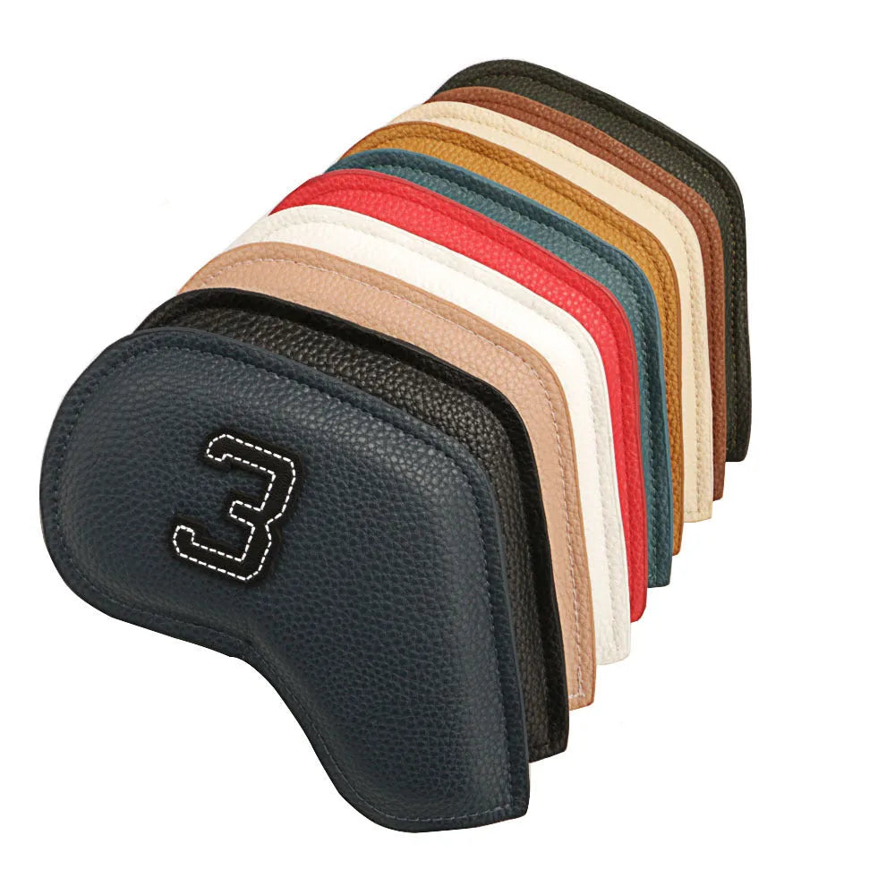Set of 10 PU golf club head covers with minimal digital print in mixed colours