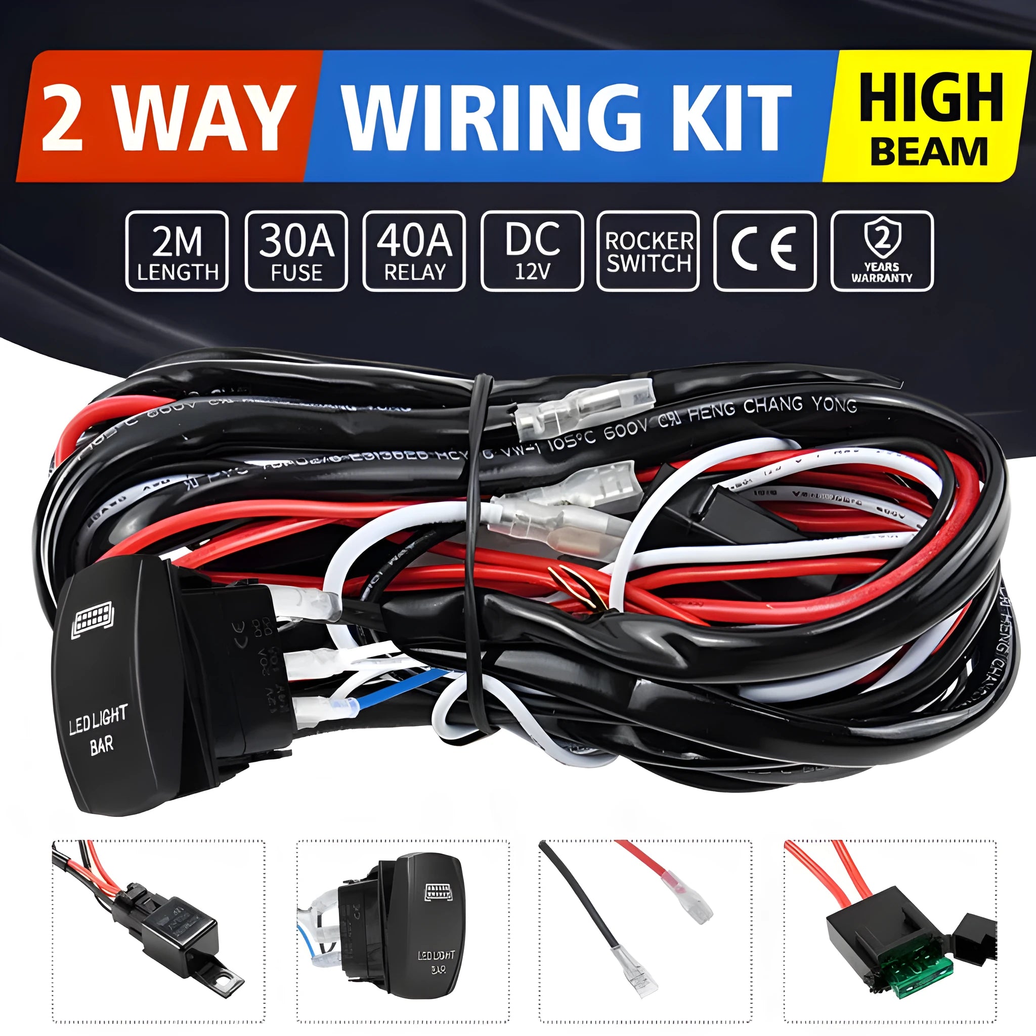 Black off-road LED spotlight wiring harness kit with switch and 2-metre cable