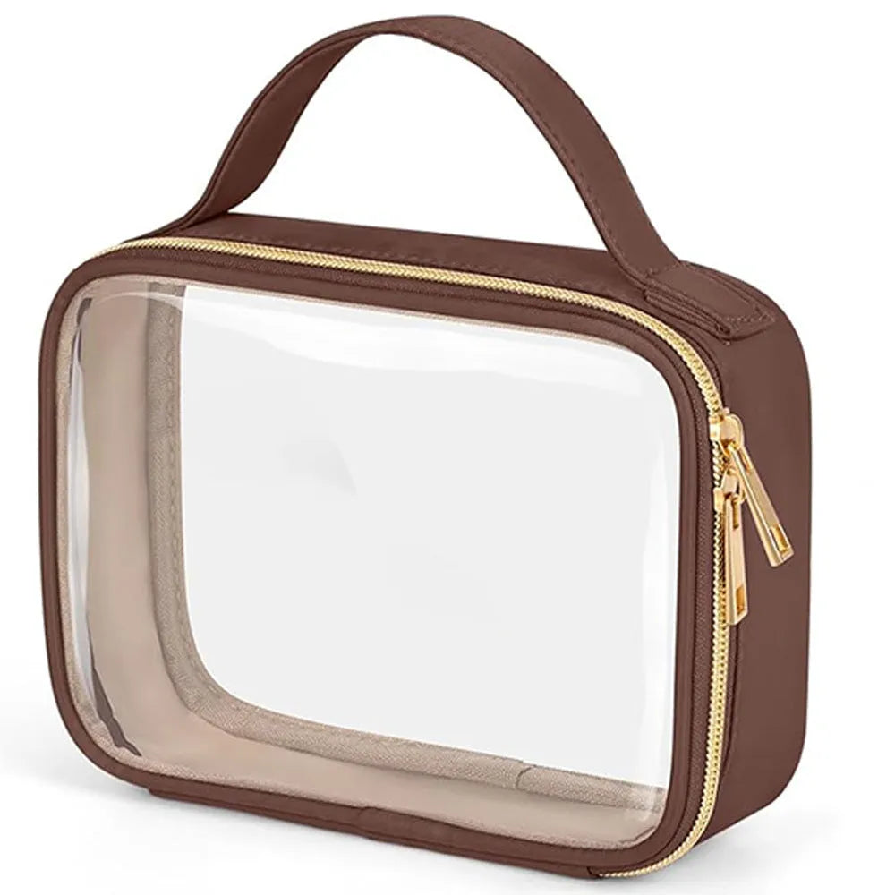 Transparent PVC wash bag showing cosmetics inside with chain handle