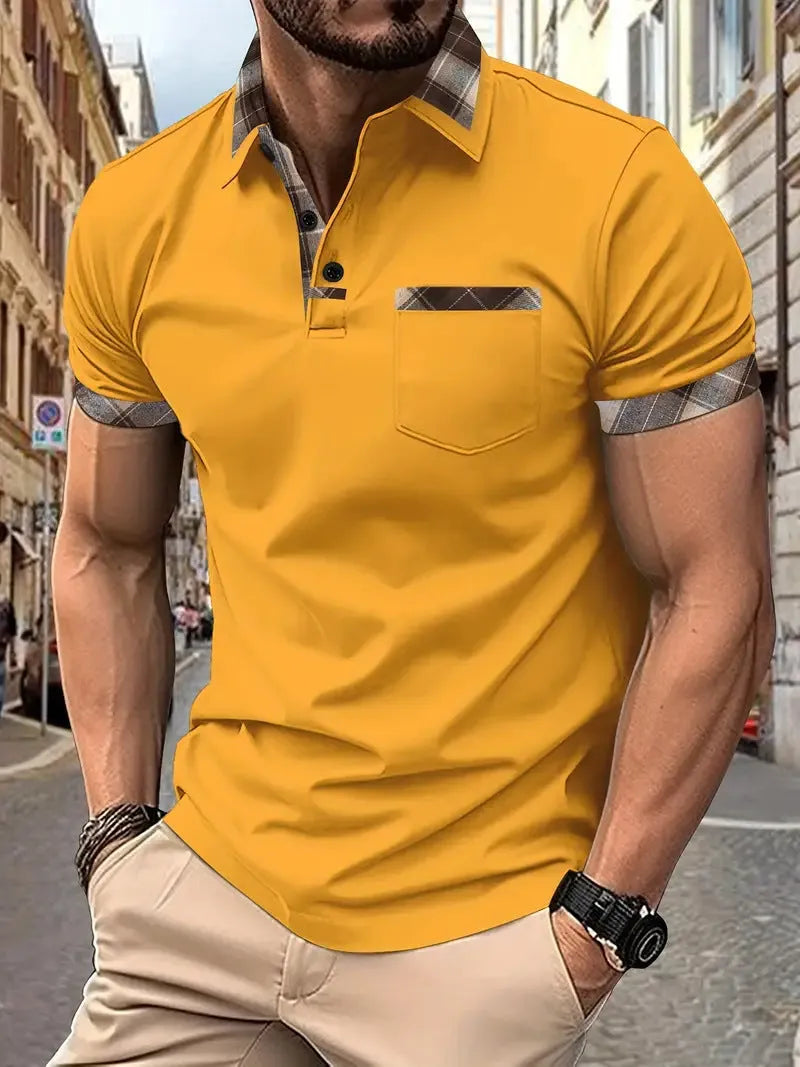 Men's plaid colourblock T-shirt with zip decorations in loose fit style