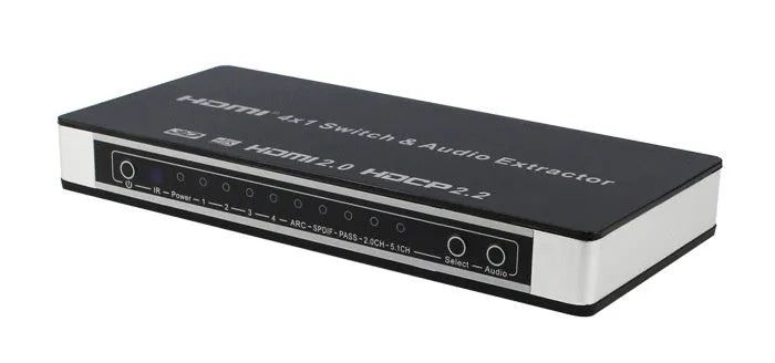 Black four input one output HDMI switch with remote control and power adapter