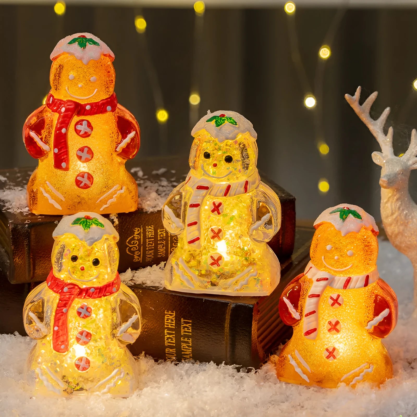 Glowing plastic gingerbread man Christmas ornament with a scarf in red, white, or transparent colours.