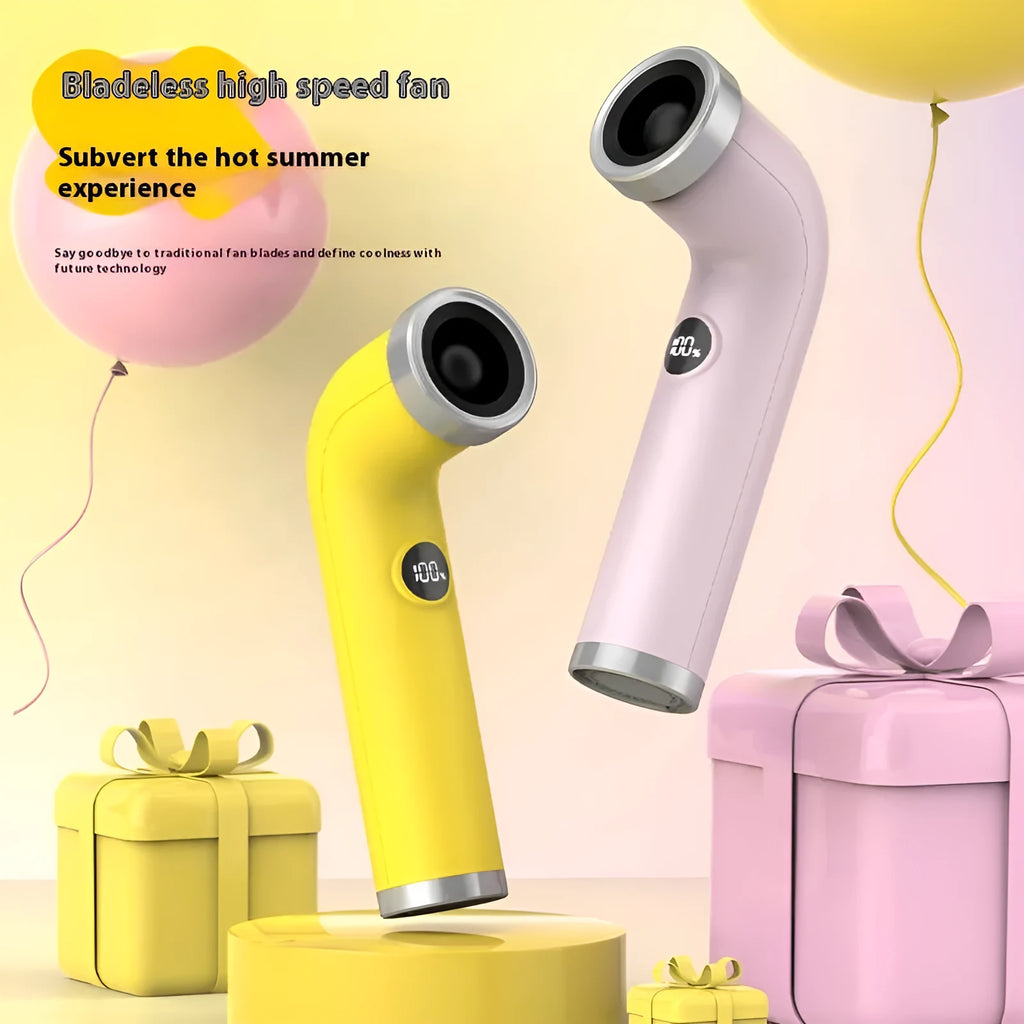 Bladeless handheld fan in apricot colour with USB charging port and turbine airflow design