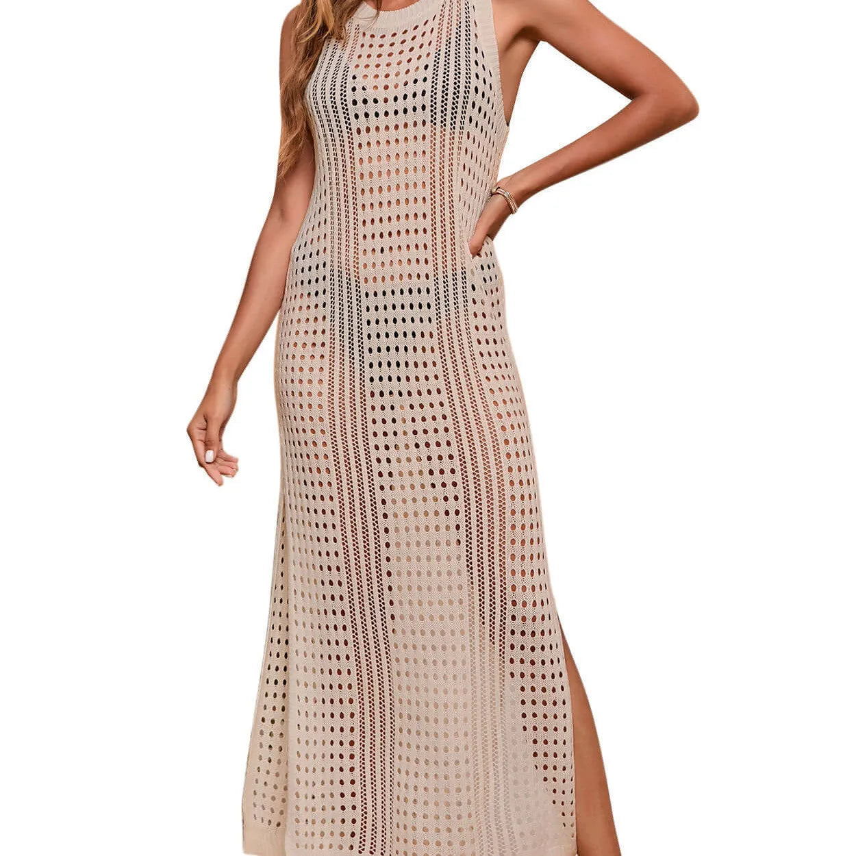 Long loose solid colour hollow-out knitted beach blouse for women shown in apricot.