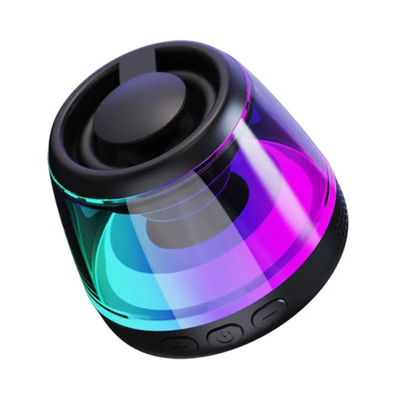 Portable wireless Bluetooth speaker with magnetic base and ambient lighting in black or white colour