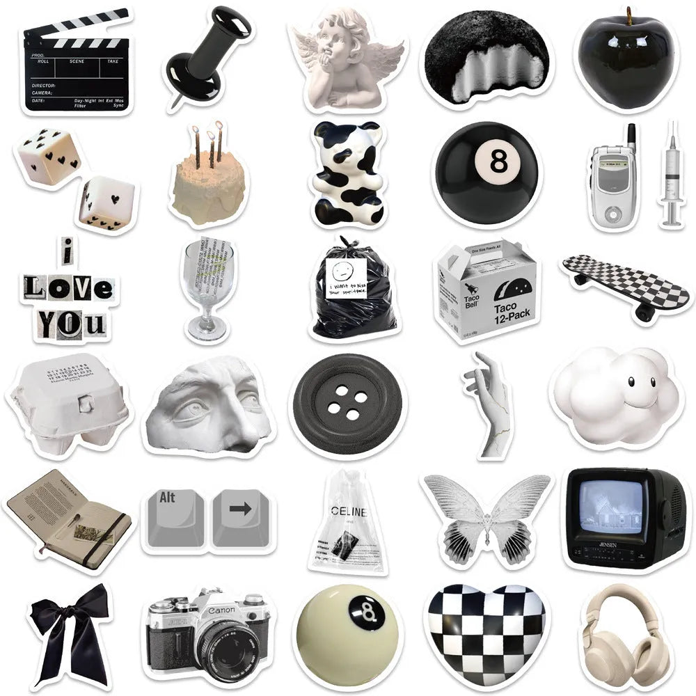 61 black and white PVC waterproof stickers for laptops, phones, and luggage