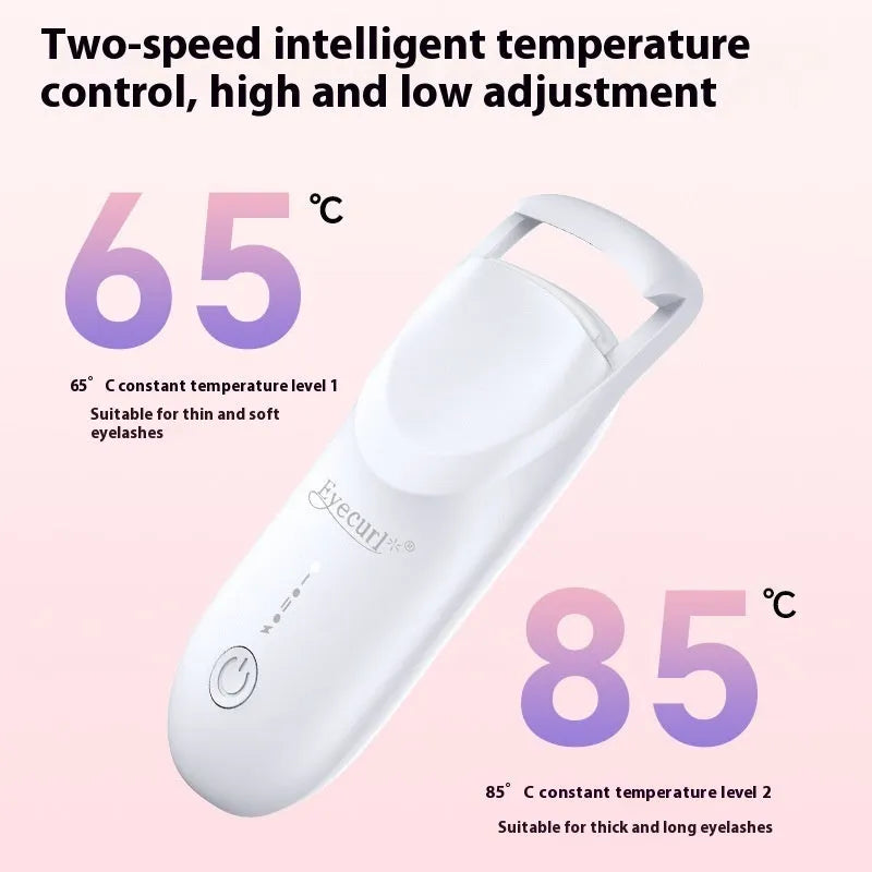 USB rechargeable electric eyelash curler in cream white, maca pink, or vanilla apricot colour with ceramic heating plate.