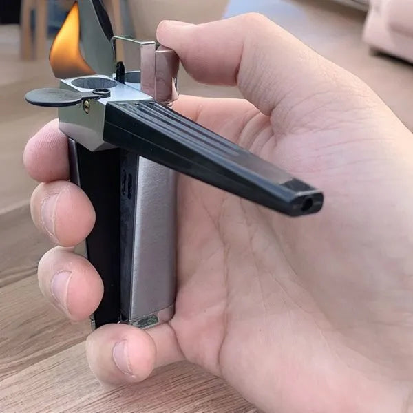 Silver and black foldable metal pipe lighter with stash compartment closed.