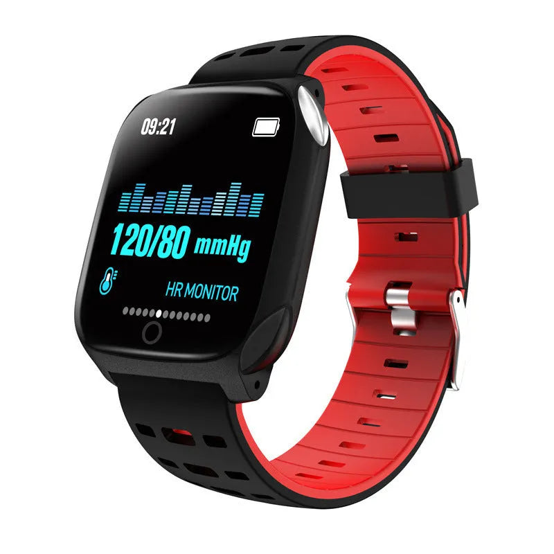 F16 smart watch with ECG monitoring on a silicone wristband in black and grey colour