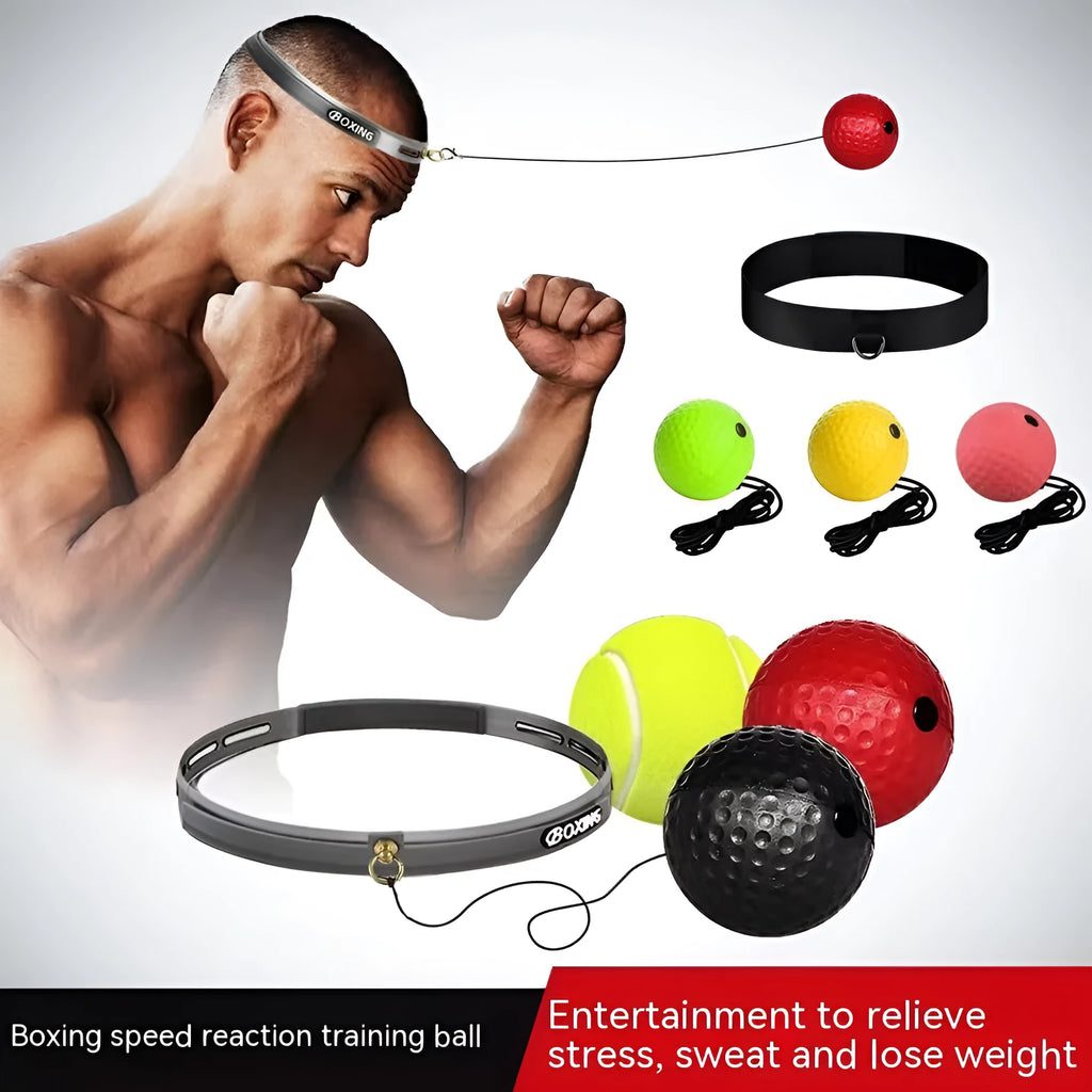 Head-mounted boxing reaction training set with adjustable headbands and multiple ball options including PU soft balls and tennis ball