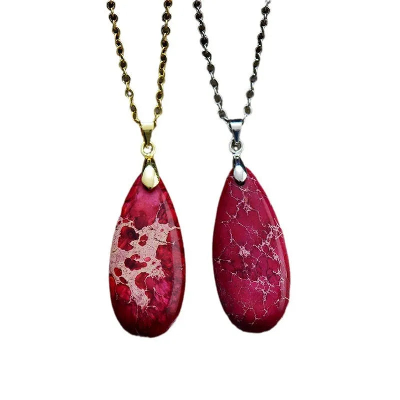 Emperor Stone jade water drop pendant on an 18K gold-plated chain, showing colour options.