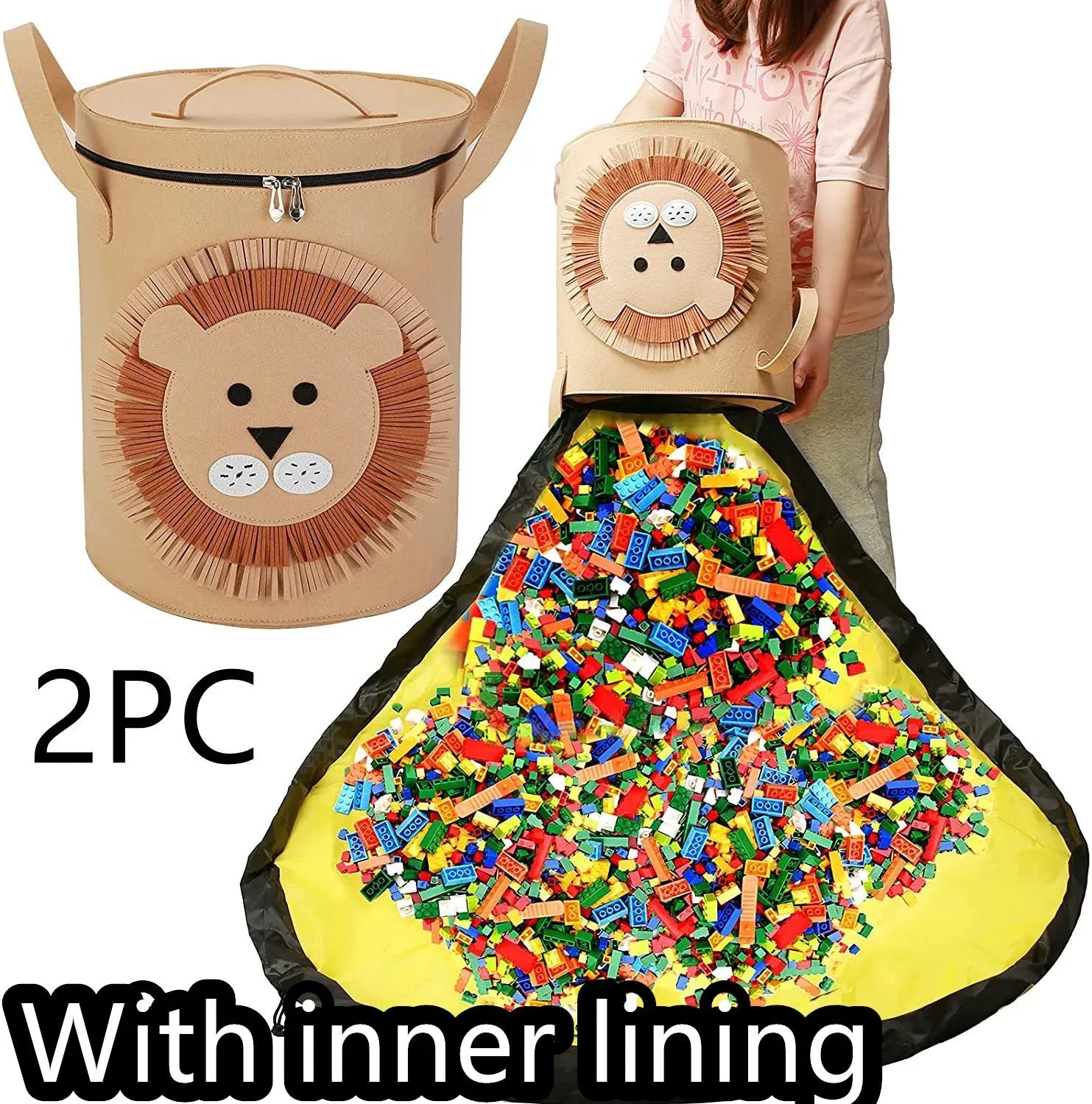 Green felt storage cube with pull rope unfolded as waterproof play mat for children's toys