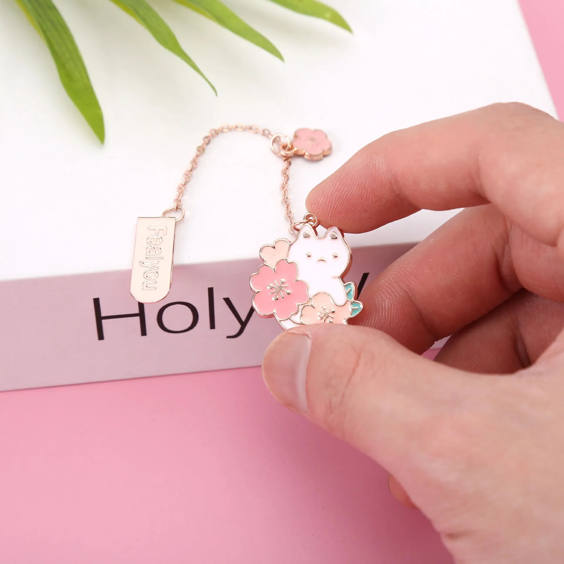 Metal pendant bookmark with cartoon cherry cat design for book marking