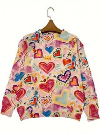 Loose-fit V-neck digital printed casual top in 95% polyester