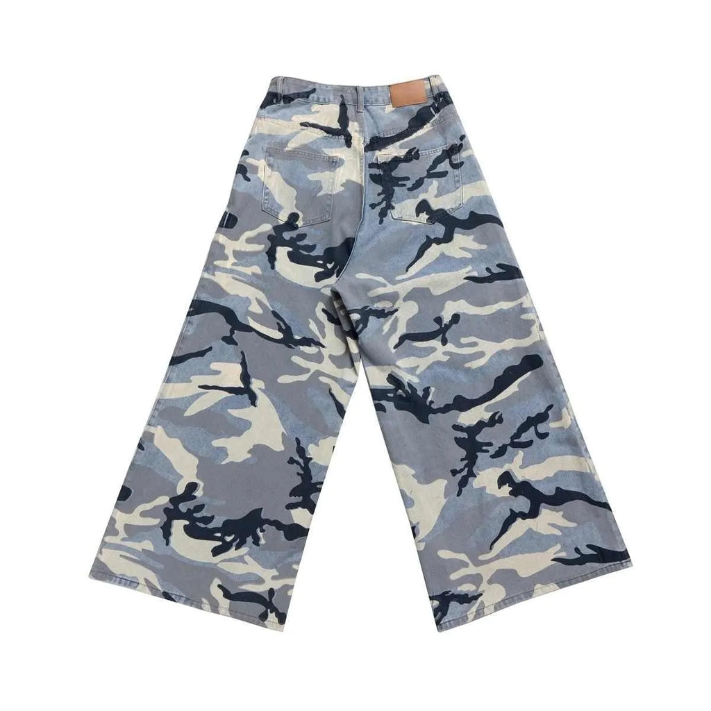 Snow camouflage blue loose-fit jeans showing mid-waist design and micro-elastic cotton denim fabric