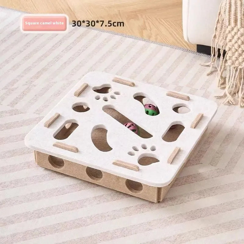 Square felt cat toy with artifact holes in green brown colour measuring 30cm
