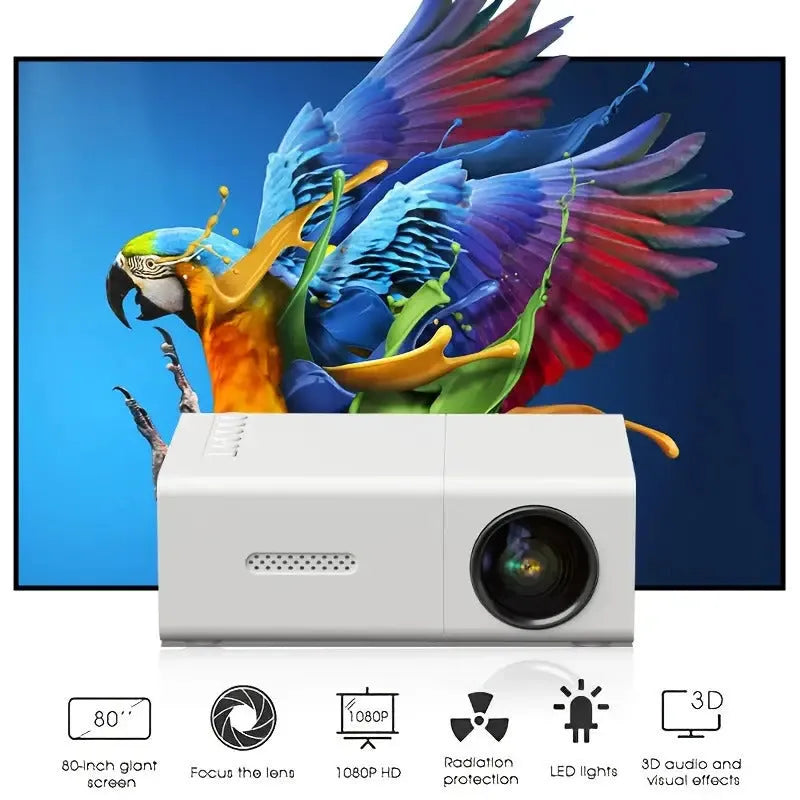 M100 mini LED home projector in black or white showing 100 inch projection capability with remote control