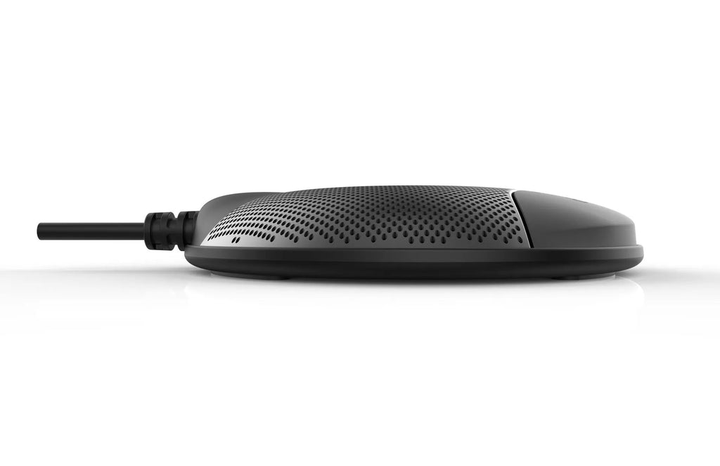 Black USB condenser microphone for conferences and gaming with 9x9x1.7cm dimensions