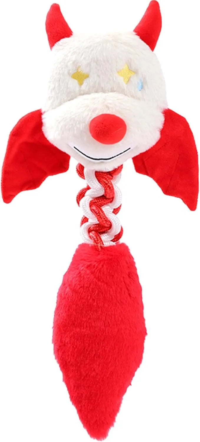 Soft plush dog toy with squeaker, rattle, and rope knot in black, green, or red.