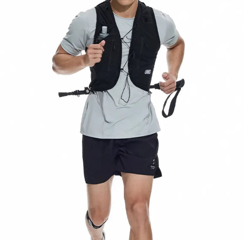 Mysterious Black four-point stretch running shorts with laser punch stitching laid flat.