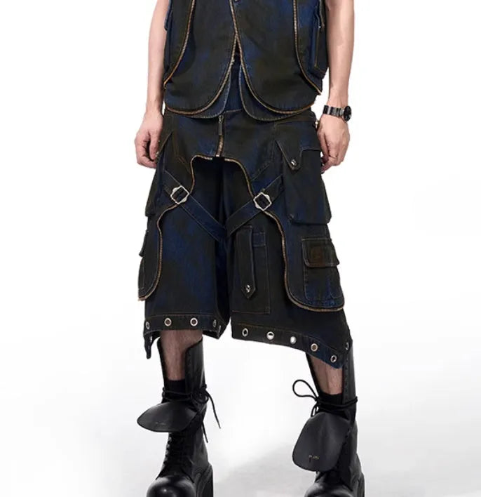 Blue Korean-style denim hooded vest coat with matching trousers laid flat.