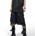 Blue Korean-style denim hooded vest coat with matching trousers laid flat.