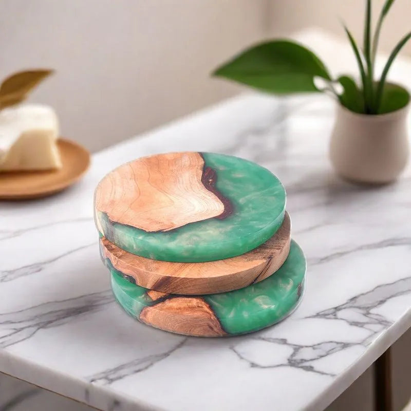 Nordic style wooden tea coaster with heat insulation resin in solid colour