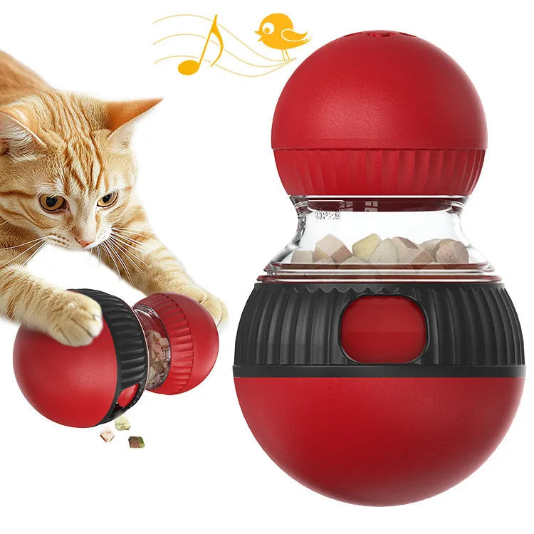 Plastic rotating cat feeder ball toy with a super ball component on a white background.