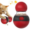 Plastic rotating cat feeder ball toy with a super ball component on a white background.