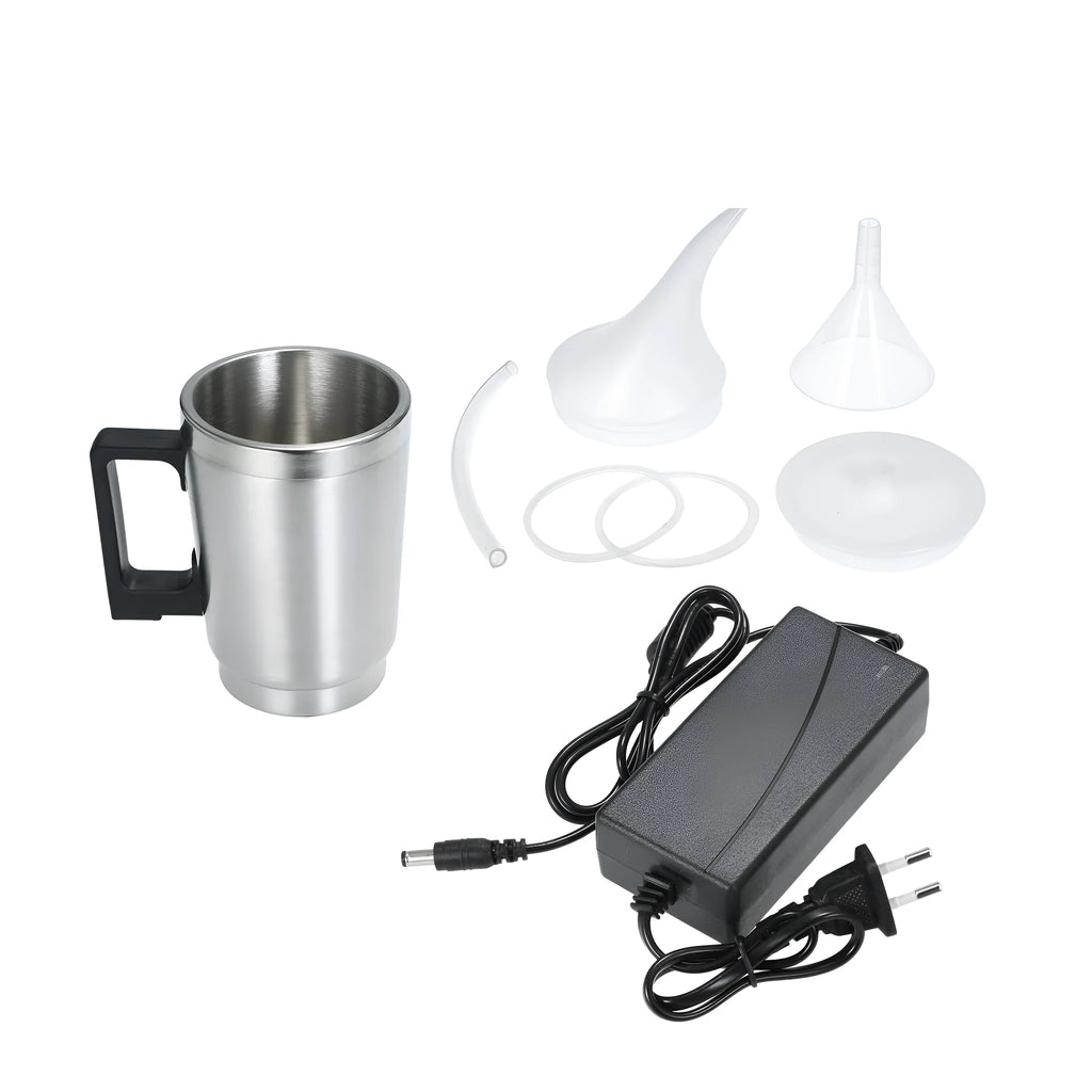 Stainless steel automobile headlamp restoration kit with polishing cups and international power adapters.