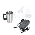 Stainless steel automobile headlamp restoration kit with polishing cups and international power adapters.