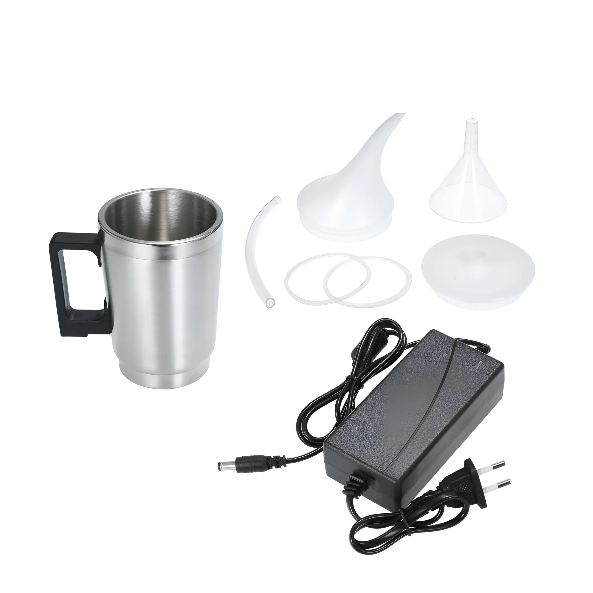 Stainless steel automobile headlamp restoration kit with polishing cups and international power adapters.