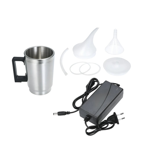 Stainless steel automobile headlamp restoration kit with polishing cups and international power adapters.
