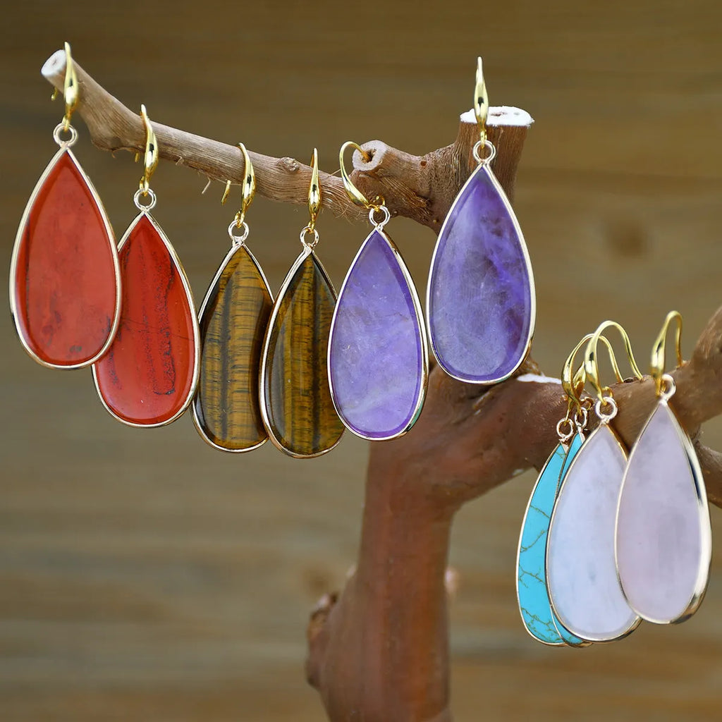Vintage handmade stone drop earrings with water droplet shape in five colour options including tigereye and amethyst