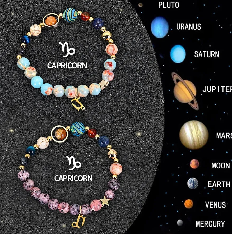 Two natural stone beaded bracelets showing zodiac symbols on an adjustable knotted string.
