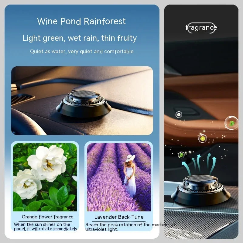 Solar-powered kinetic car air freshener with rotating double rings on a car dashboard.