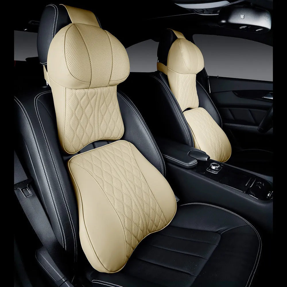 Leather embossed lumbar support pillow and matching headrest car cushion set