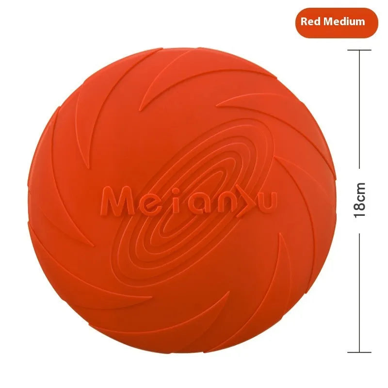Soft rubber dog frisbee flying disc toy in red, shown in small, medium, and large sizes for outdoor fetch.