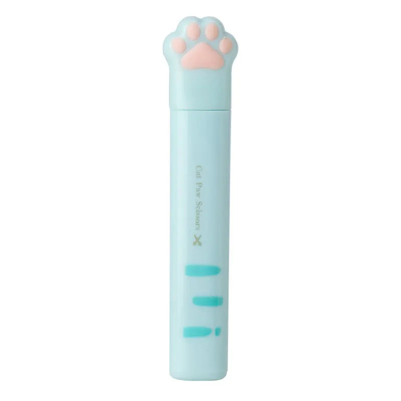 Mini folding craft scissors with cat paw handles in four colours: black, blue, pink, and white.