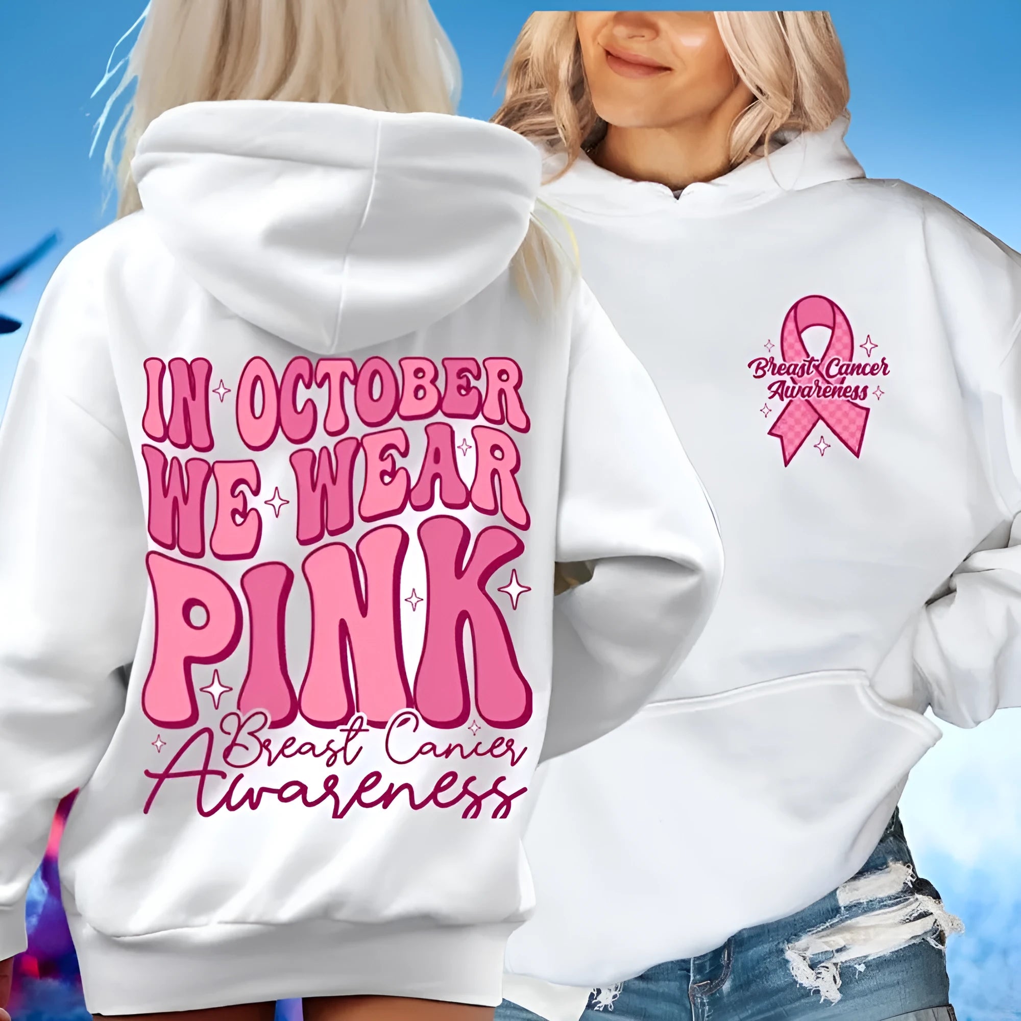 Breast cancer awareness hoodie with retro art pattern and side seam pockets in pink colour.